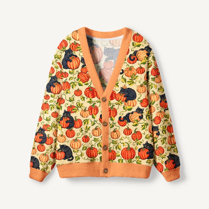 Cardigan lavorato a maglia con gatti neri e zucche