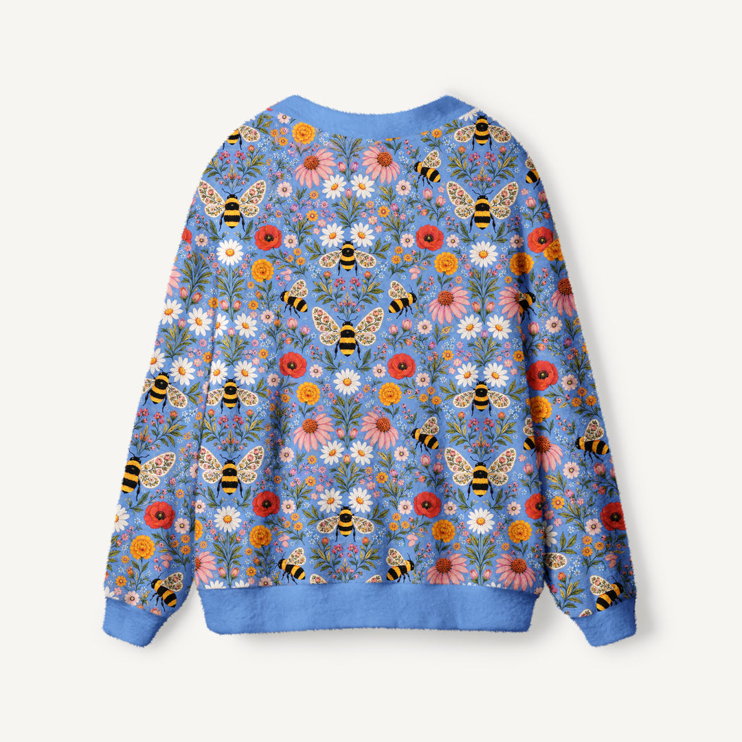 Cardigan lavorato a maglia da giardino incantato con api e fiori di campo