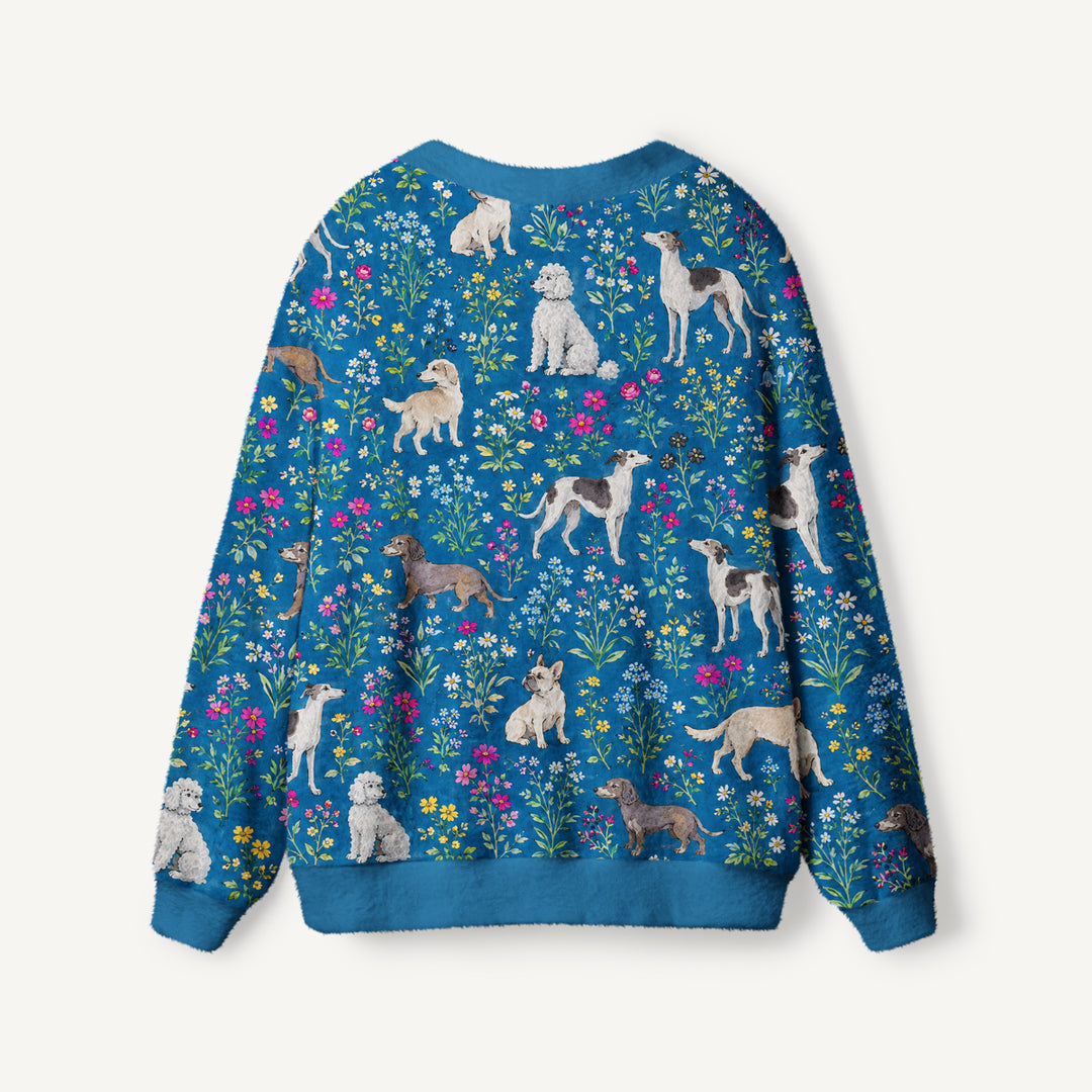 Cardigan lavorato a maglia con cani e fiori di campo