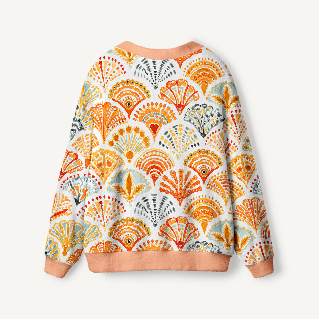 Cardigan lavorato a maglia con piastrelle a conchiglia dai colori caldi, effetto acquerello