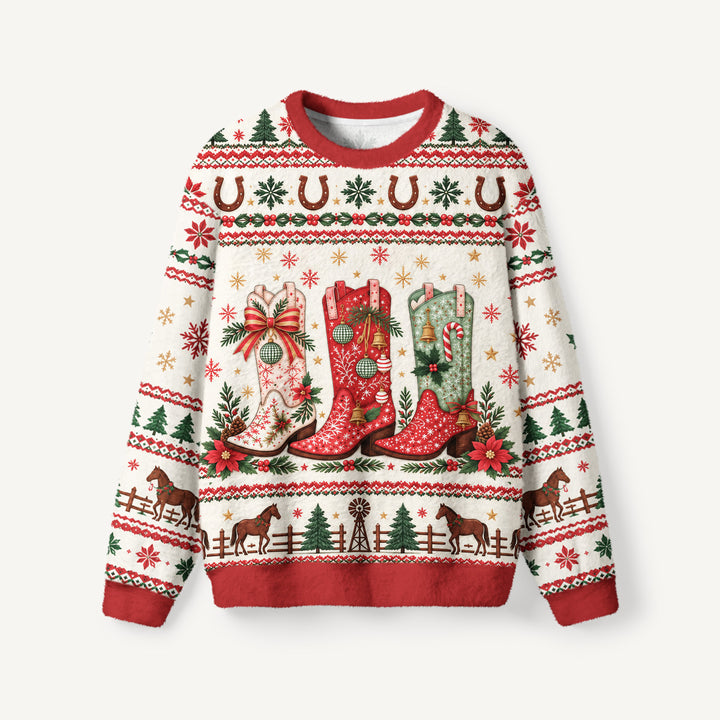 Maglione Natalizio Girocollo in Stile Western con Stivali da Cowboy