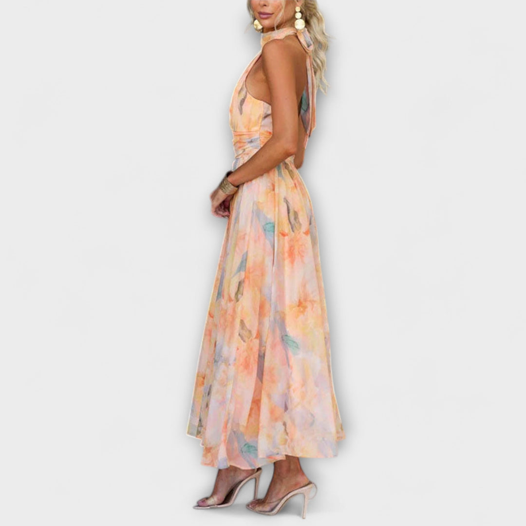 Abito Maxi con Stampa Acquerello e Scollo All&