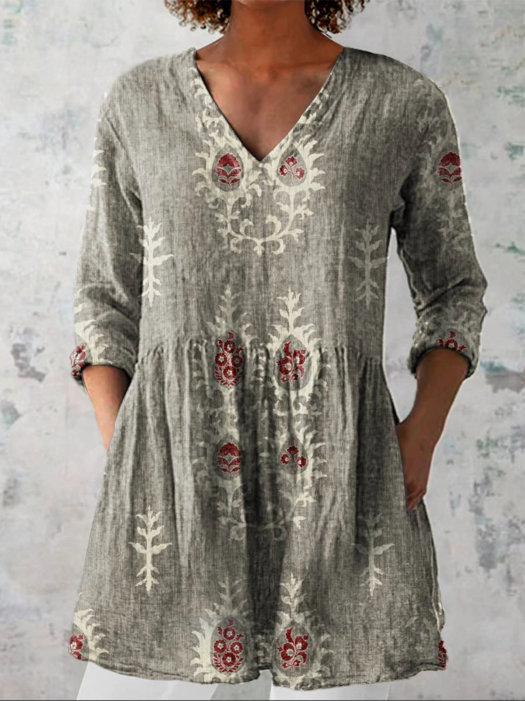 Camilla | Blusa lunga in lino con stampa floreale bohemien