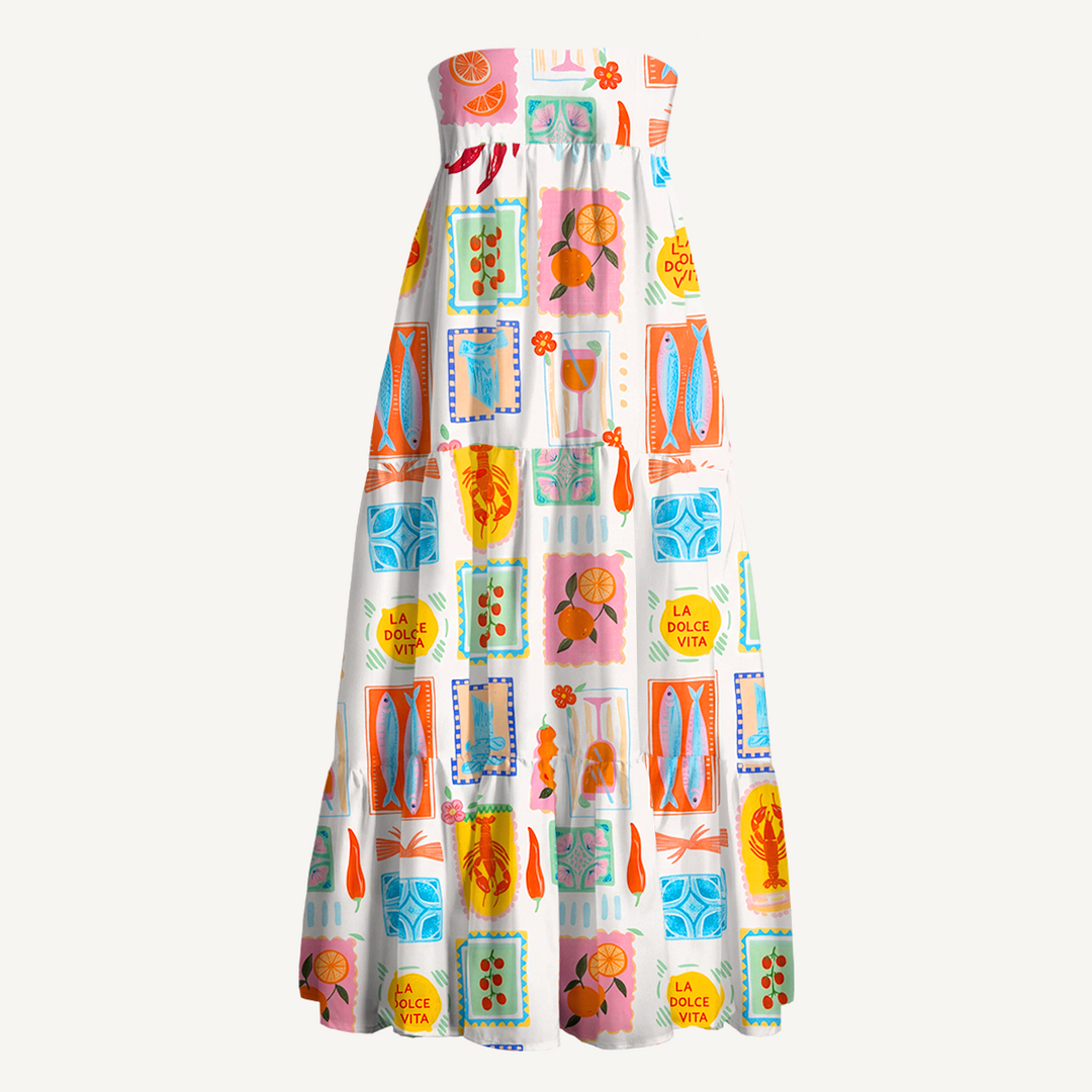 Gonna lunga con stampa tropicale e abito senza spalline
