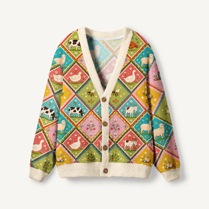 Cardigan lavorato a maglia con patchwork di animali della fattoria di campagna