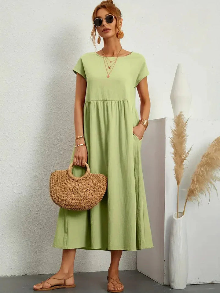 Disinvolta Abito Midi Donna Leggero Con Tasche Manica Corta