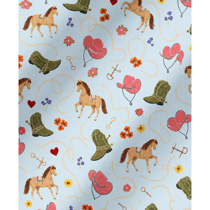 Set di pigiami a maniche lunghe western con cavalli, cappelli da cowboy e stivali da ranch