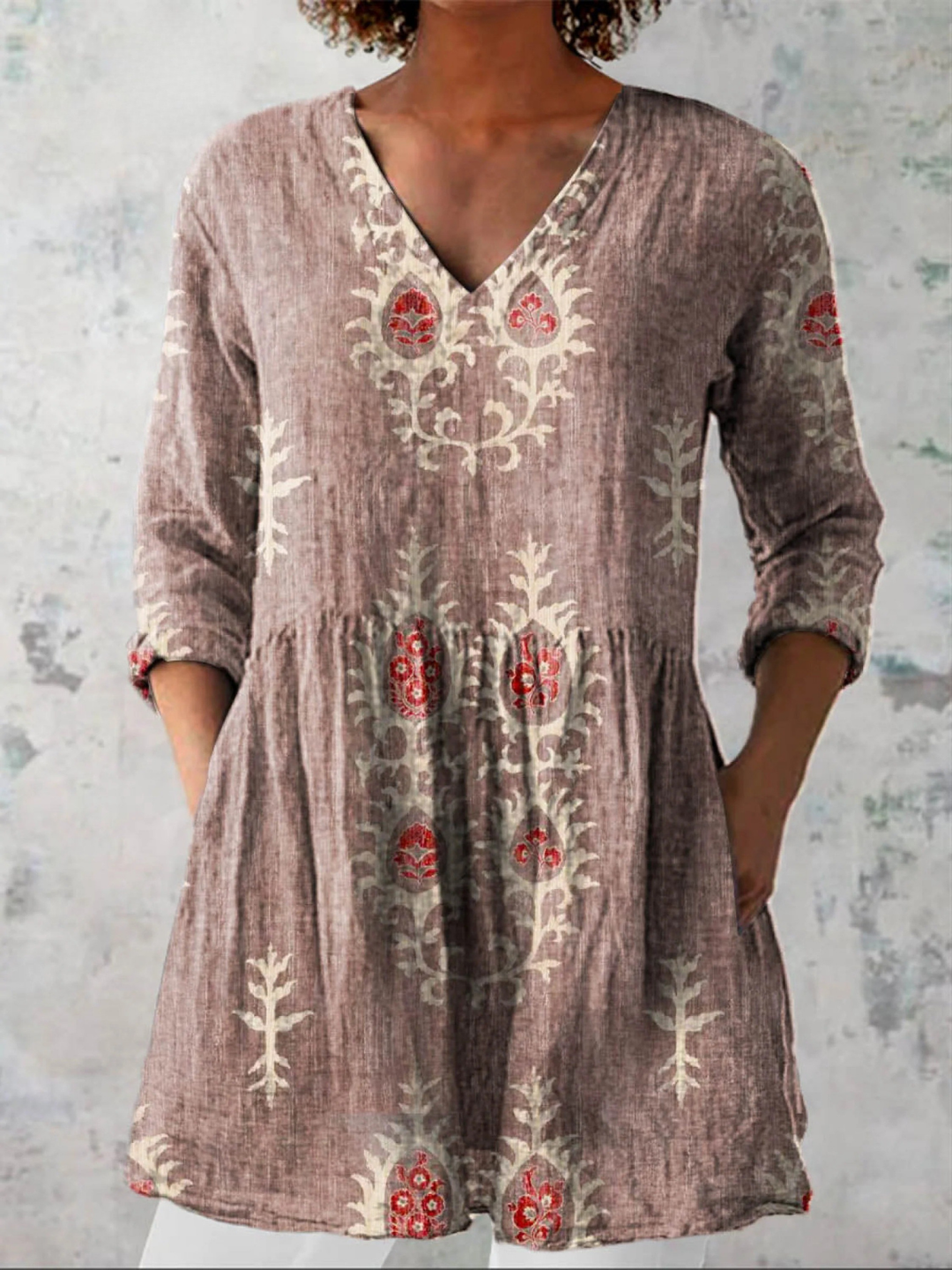 Camilla | Blusa lunga in lino con stampa floreale bohemien