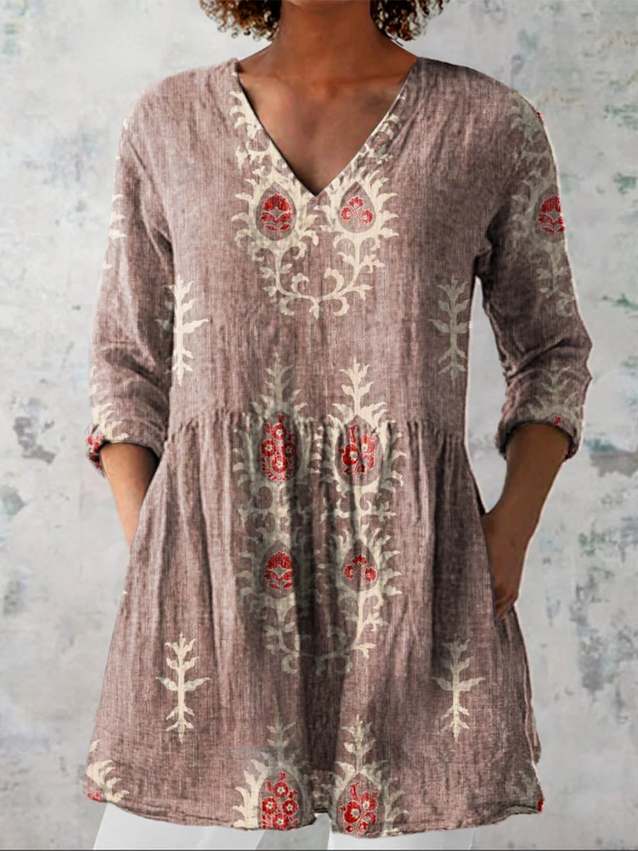 Camilla | Blusa lunga in lino con stampa floreale bohemien