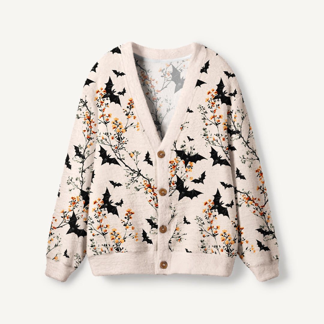 Cardigan lavorato a maglia di Halloween con pipistrelli e fiori selvatici