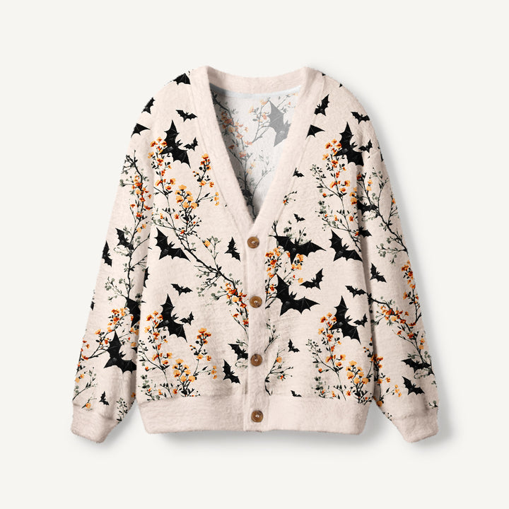 Cardigan lavorato a maglia di Halloween con pipistrelli e fiori selvatici