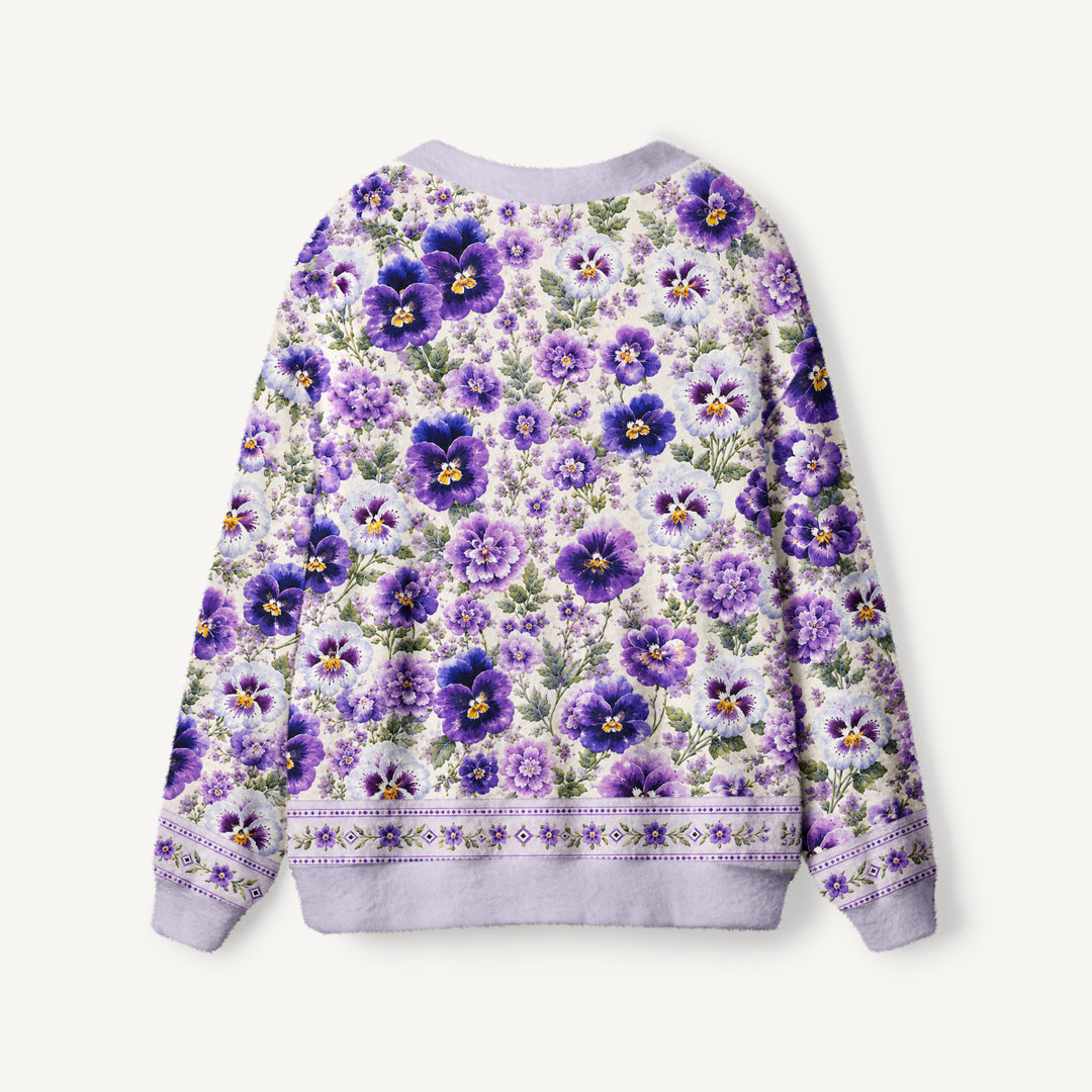 Cardigan lavorato a maglia Stampa floreale a viole del pensiero viola su tutta la superficie