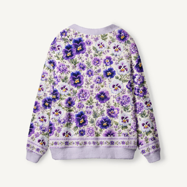 Cardigan lavorato a maglia Stampa floreale a viole del pensiero viola su tutta la superficie