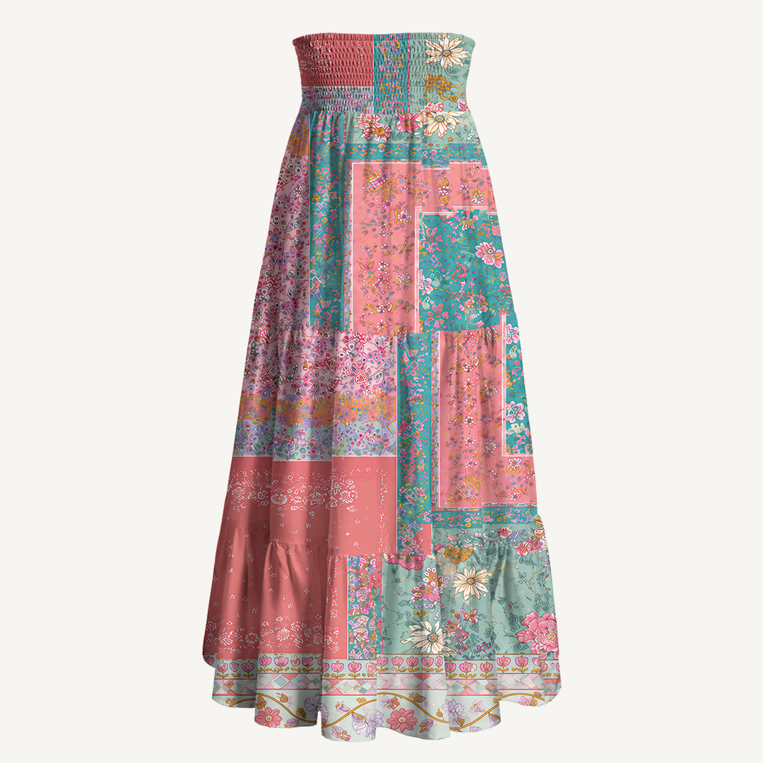Gonna maxi trasformabile con stampa patchwork “Giardino corallo” e abito senza spalline