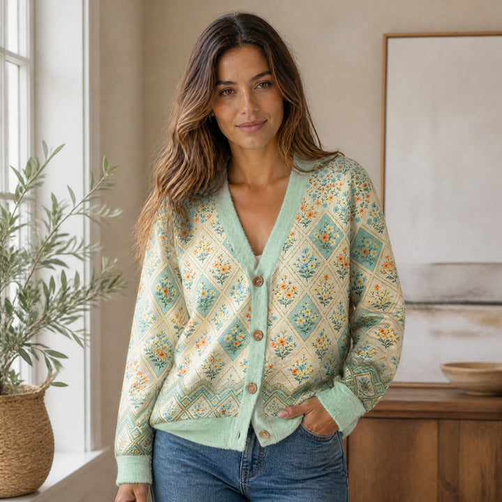 Cardigan lavorato a maglia in stile patchwork con motivi floreali in tonalità tenui
