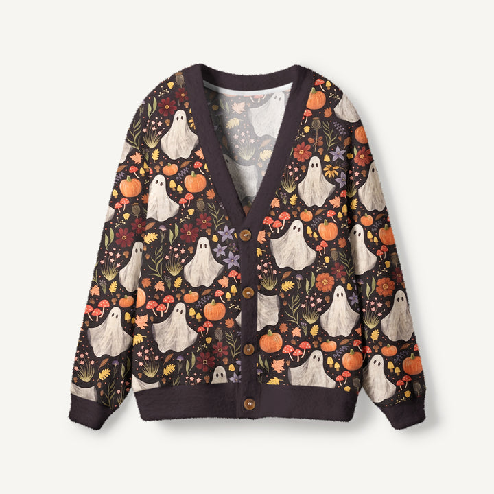 Cardigan lavorato a maglia per Halloween con motivi di zucche e fantasmi a mezzanotte