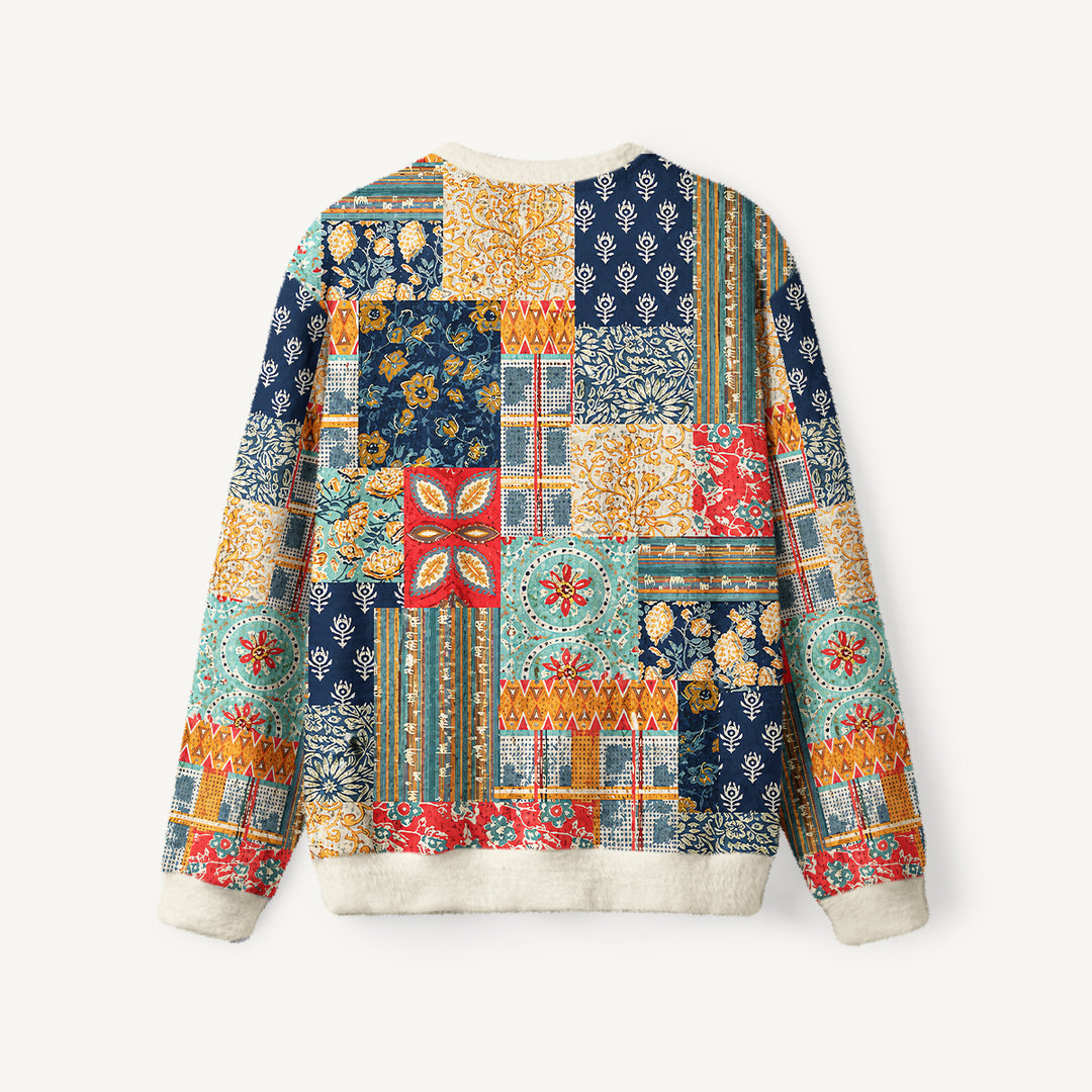 Maglione a girocollo in stile boho con motivo patchwork floreale e geometrico