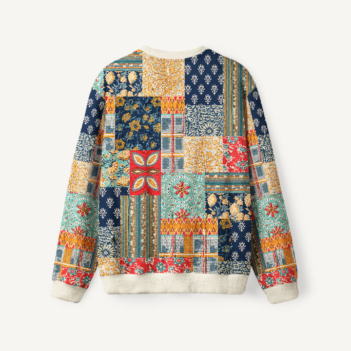 Maglione a girocollo in stile boho con motivo patchwork floreale e geometrico