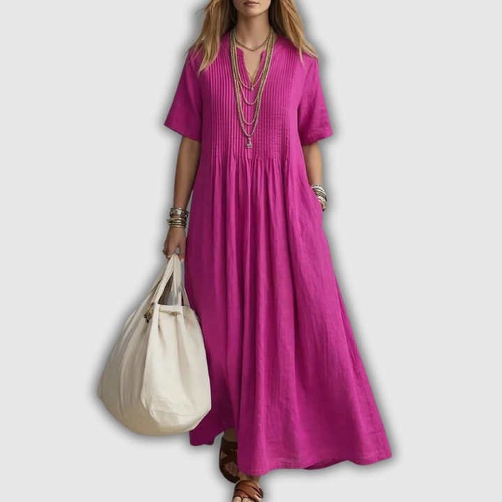 Elowen | Abito Maxi in Lino con V-Scollo e Pieghe