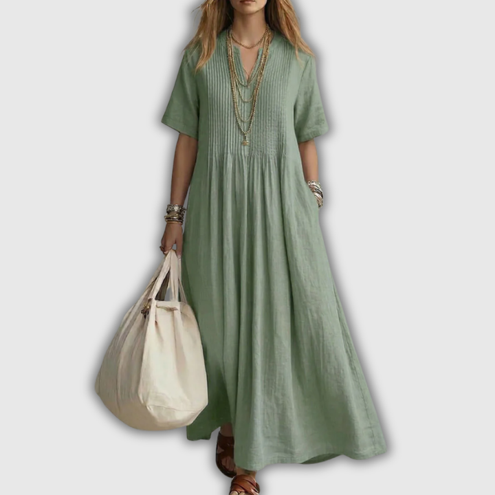 Elowen | Abito Maxi in Lino con V-Scollo e Pieghe