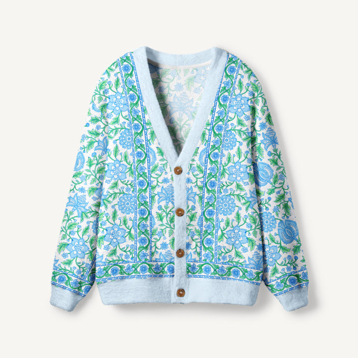 Cardigan lavorato a maglia con bordo decorato con un motivo botanico a vite blu