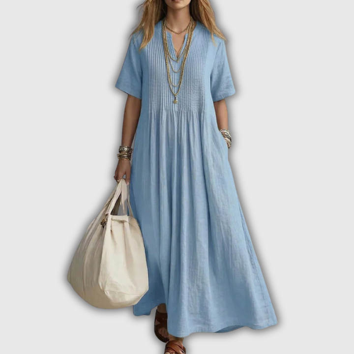 Elowen | Abito Maxi in Lino con V-Scollo e Pieghe