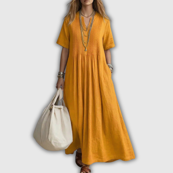 Elowen | Abito Maxi in Lino con V-Scollo e Pieghe