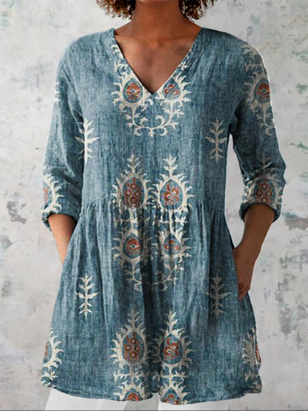 Camilla | Blusa lunga in lino con stampa floreale bohemien