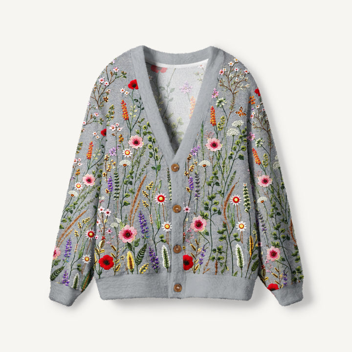 Cardigan lavorato a maglia da giardino di campagna con fiori di campo e farfalle