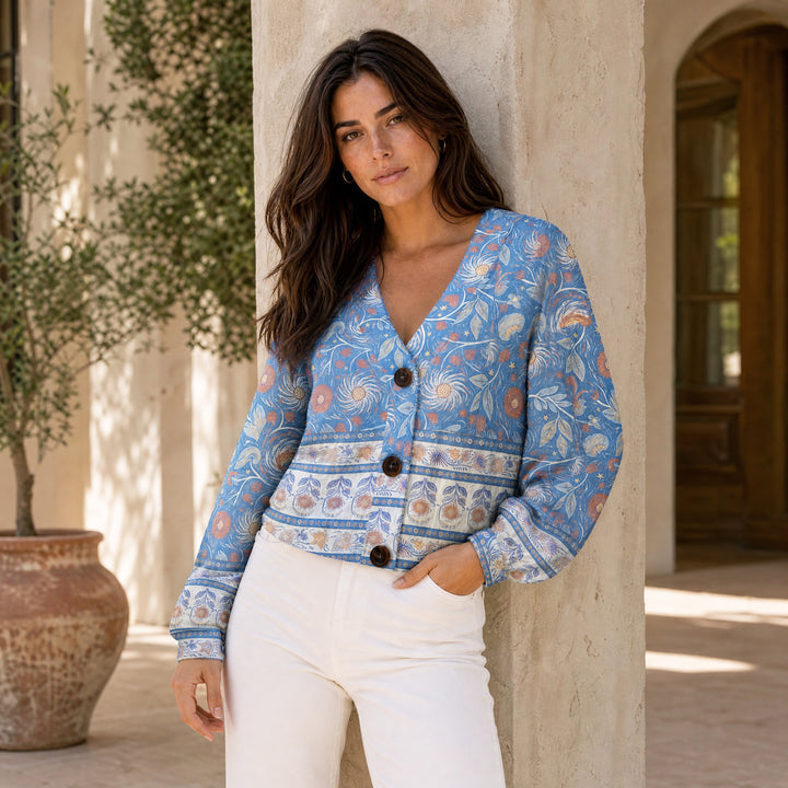 Cardigan lavorato a maglia, stile boho, con motivo floreale «Starry Night Swirl»