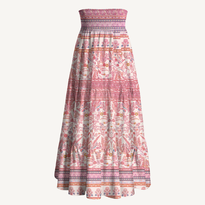 Gonna maxi trasformabile e abito senza spalline con stampa vintage a motivi floreali