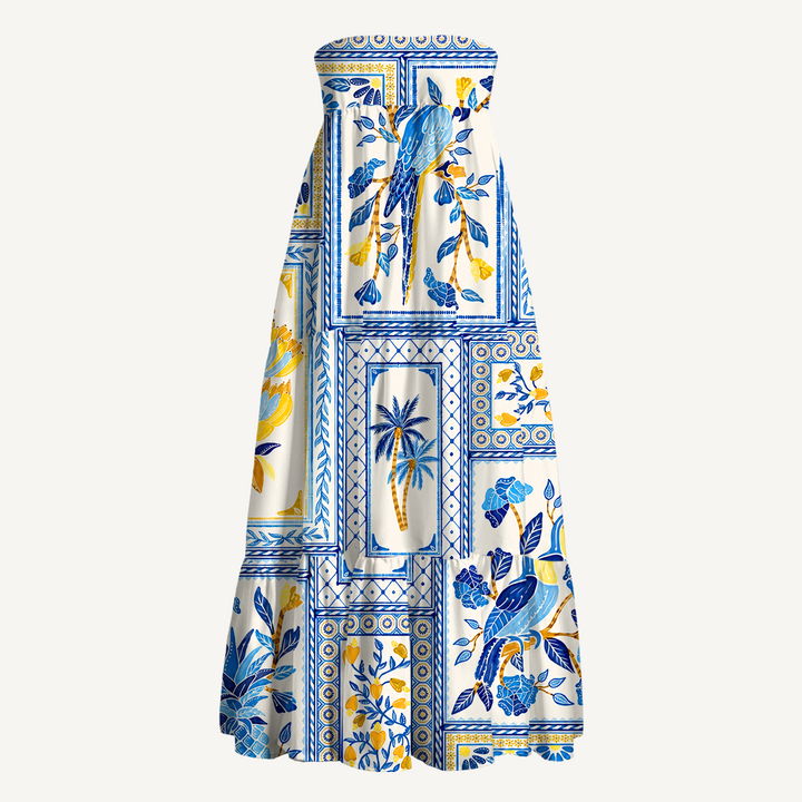 Gonna lunga con motivo a piastrelle tropicali blu e abito senza spalline