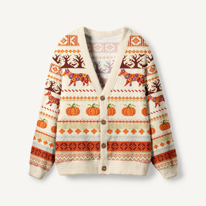 Cardigan lavorato a maglia con motivo di volpe e zucca autunnale per Halloween