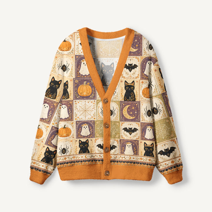 Cardigan con stampa patchwork “Gatto e zucca di Halloween”