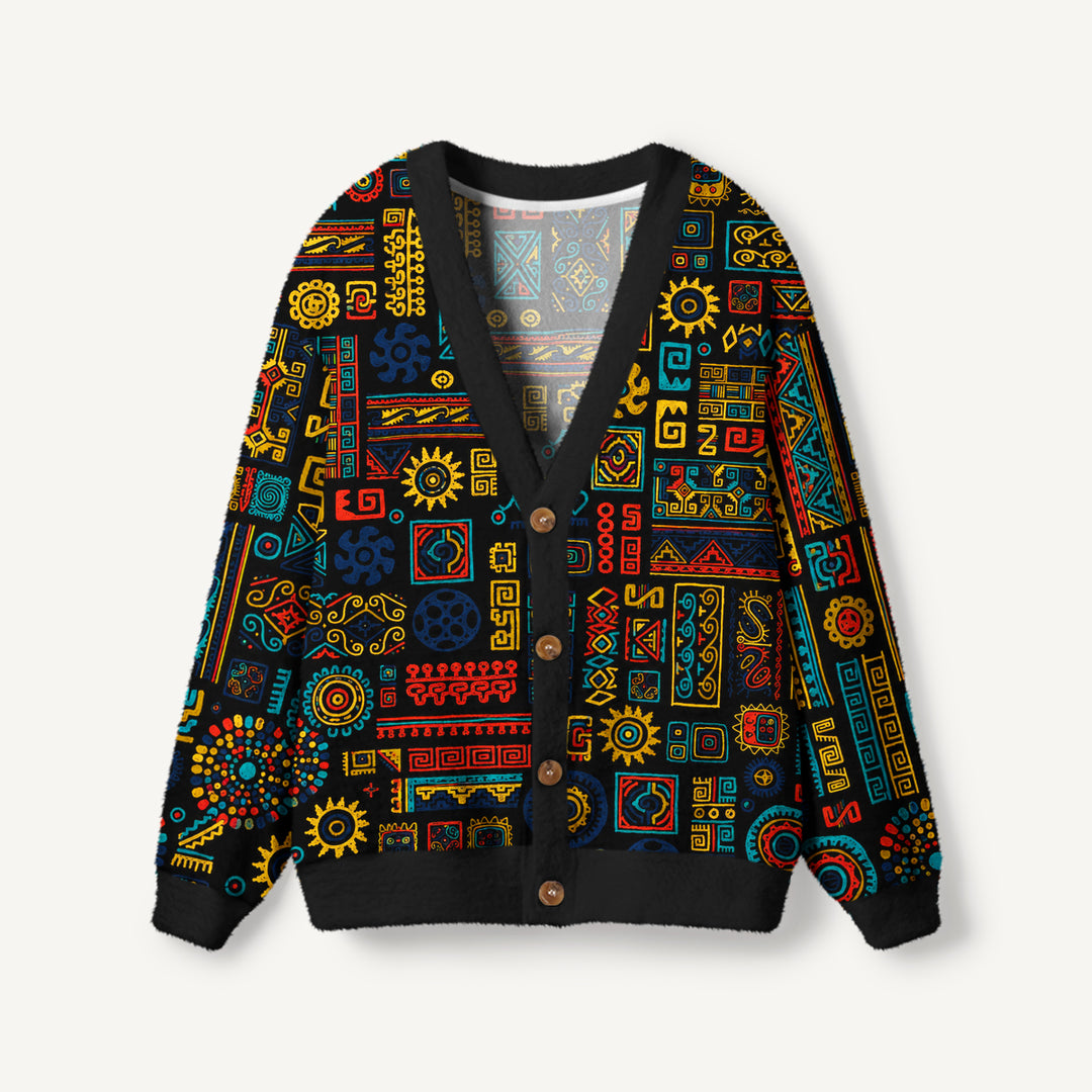 Cardigan lavorato a maglia in stile arazzo con simbolo del sole azteco