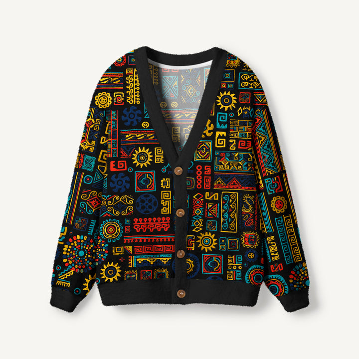 Cardigan lavorato a maglia in stile arazzo con simbolo del sole azteco