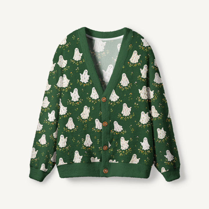 Cardigan lavorato a maglia con fantasmi floreali da giardino di Halloween