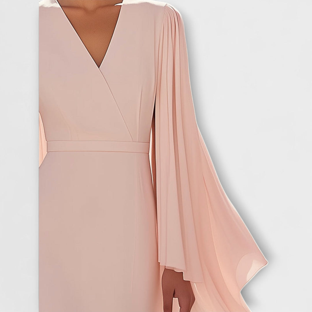 Rachel - Abito Midi Hellrosa con Scollatura a V e Maniche in Chiffon