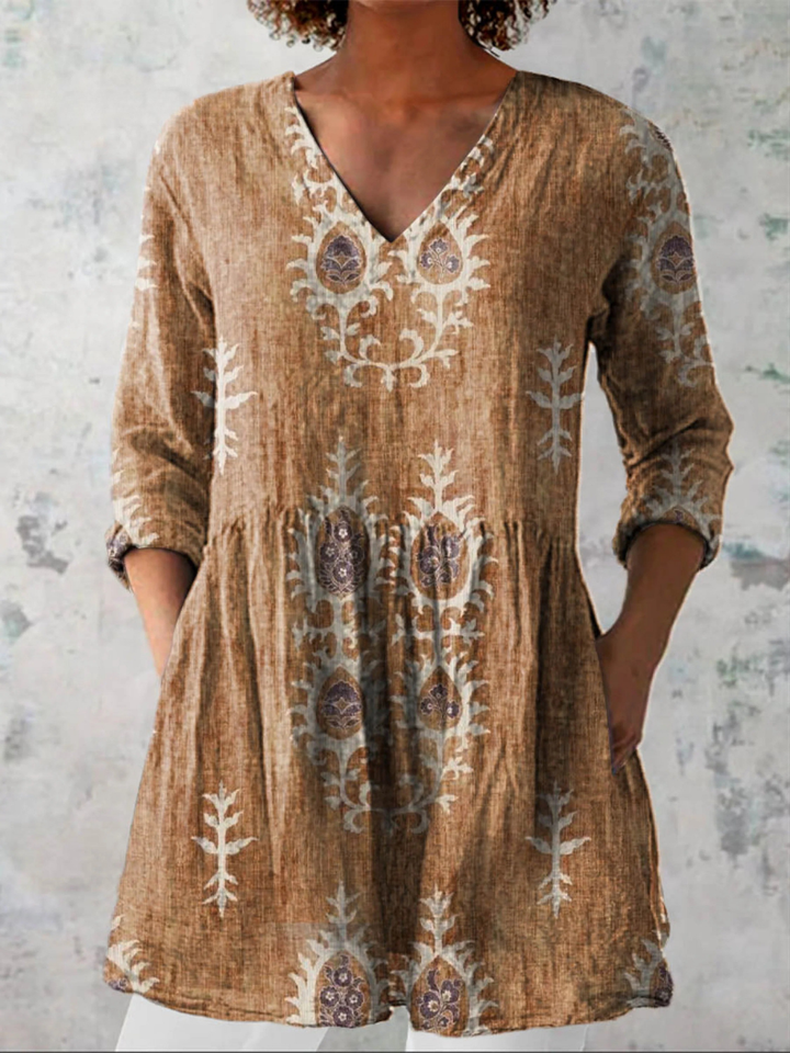 Camilla | Blusa lunga in lino con stampa floreale bohemien