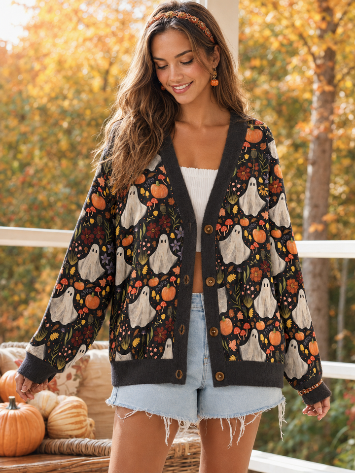 Cardigan lavorato a maglia per Halloween con motivi di zucche e fantasmi a mezzanotte