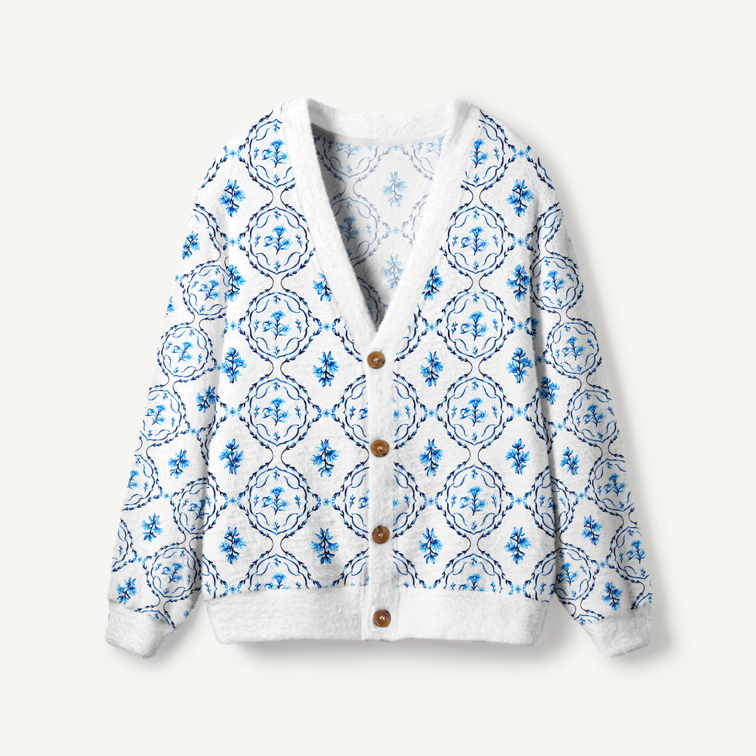 Cardigan lavorato a maglia blu con stampa di medaglioni floreali