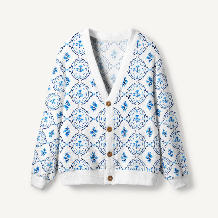 Cardigan lavorato a maglia blu con stampa di medaglioni floreali