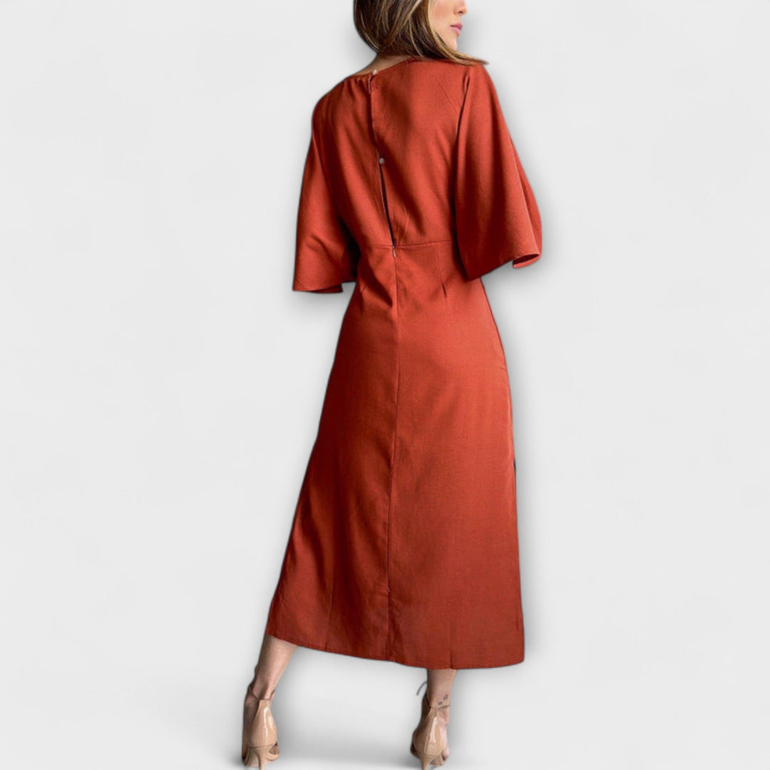 Holly - Abito Casual con Scollatura a V in Combinazione di Cotone e Lino con Nastro