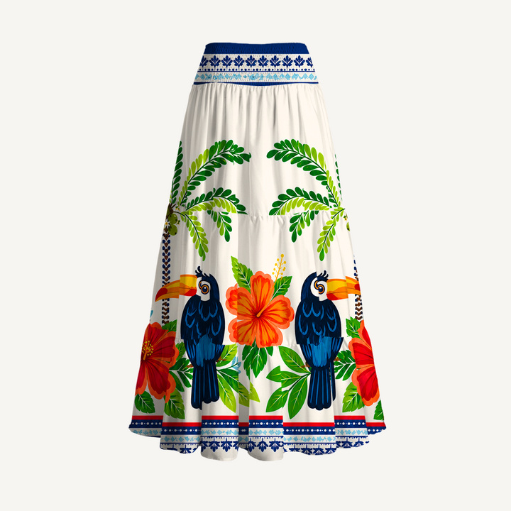 Gonna lunga e abito senza spalline dai vivaci motivi tropicali