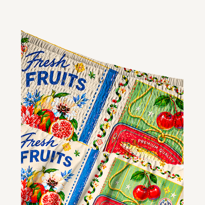 Gonna lunga da festa con motivi di frutta, fiori e pesci e abito senza spalline