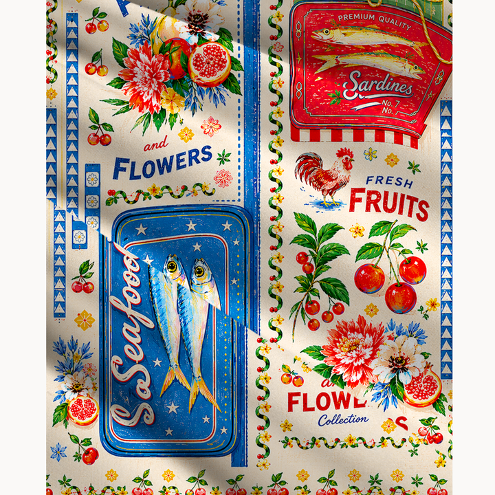 Gonna lunga da festa con motivi di frutta, fiori e pesci e abito senza spalline