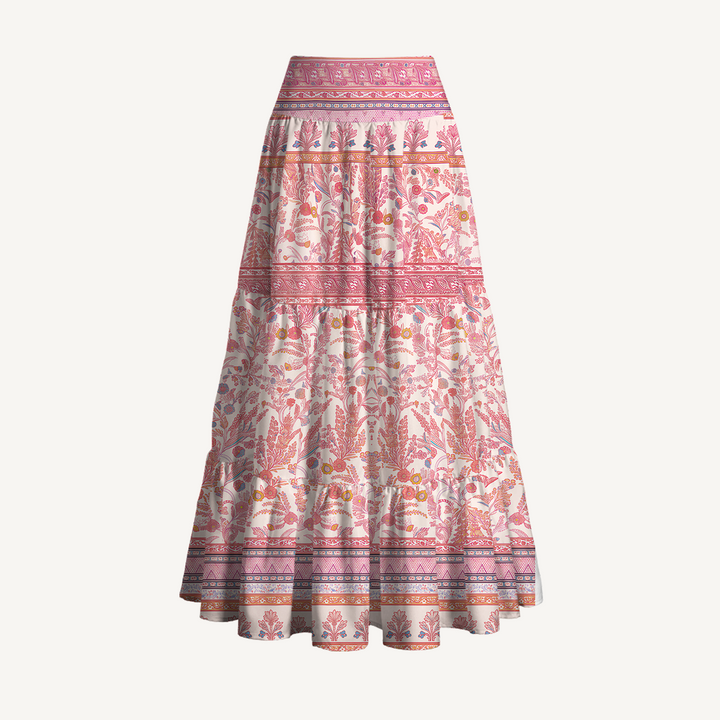 Gonna maxi trasformabile e abito senza spalline con stampa vintage a motivi floreali