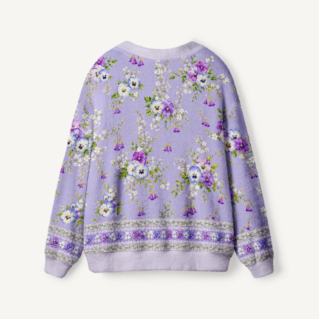 Cardigan lavorato a maglia Mazzo di viole del pensiero viola e composizioni floreali