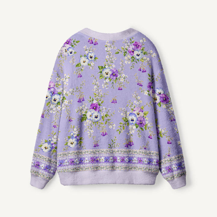 Cardigan lavorato a maglia Mazzo di viole del pensiero viola e composizioni floreali