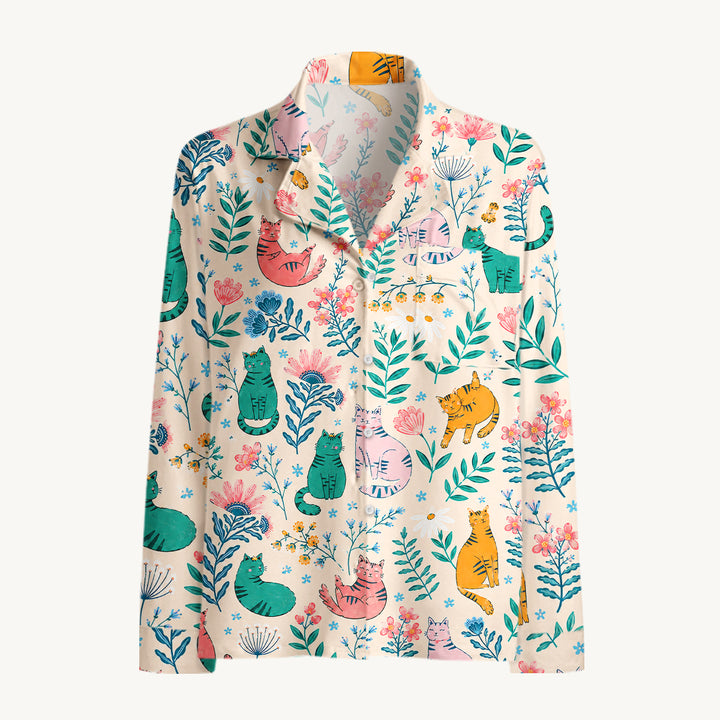 Set di pigiami a maniche lunghe con gatti e fiori di campo da giardino incantato